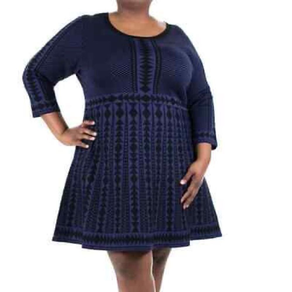 Nina Leonard Womens Plus Navy Blue and Black Geometric Fit & Flare Dress Size 2X